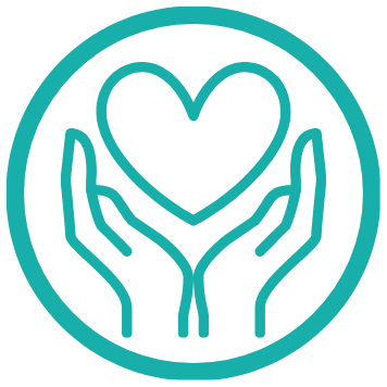 A green icon of two hands holding a heart